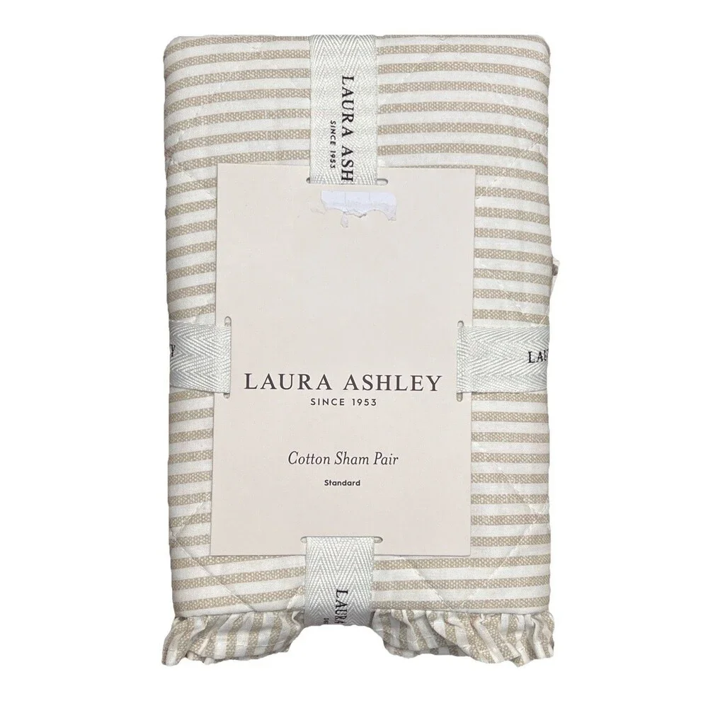 Laura Ashley Oxford Stripe Beige Cotton Sham Pair Standard Pillow Ruffle Trim